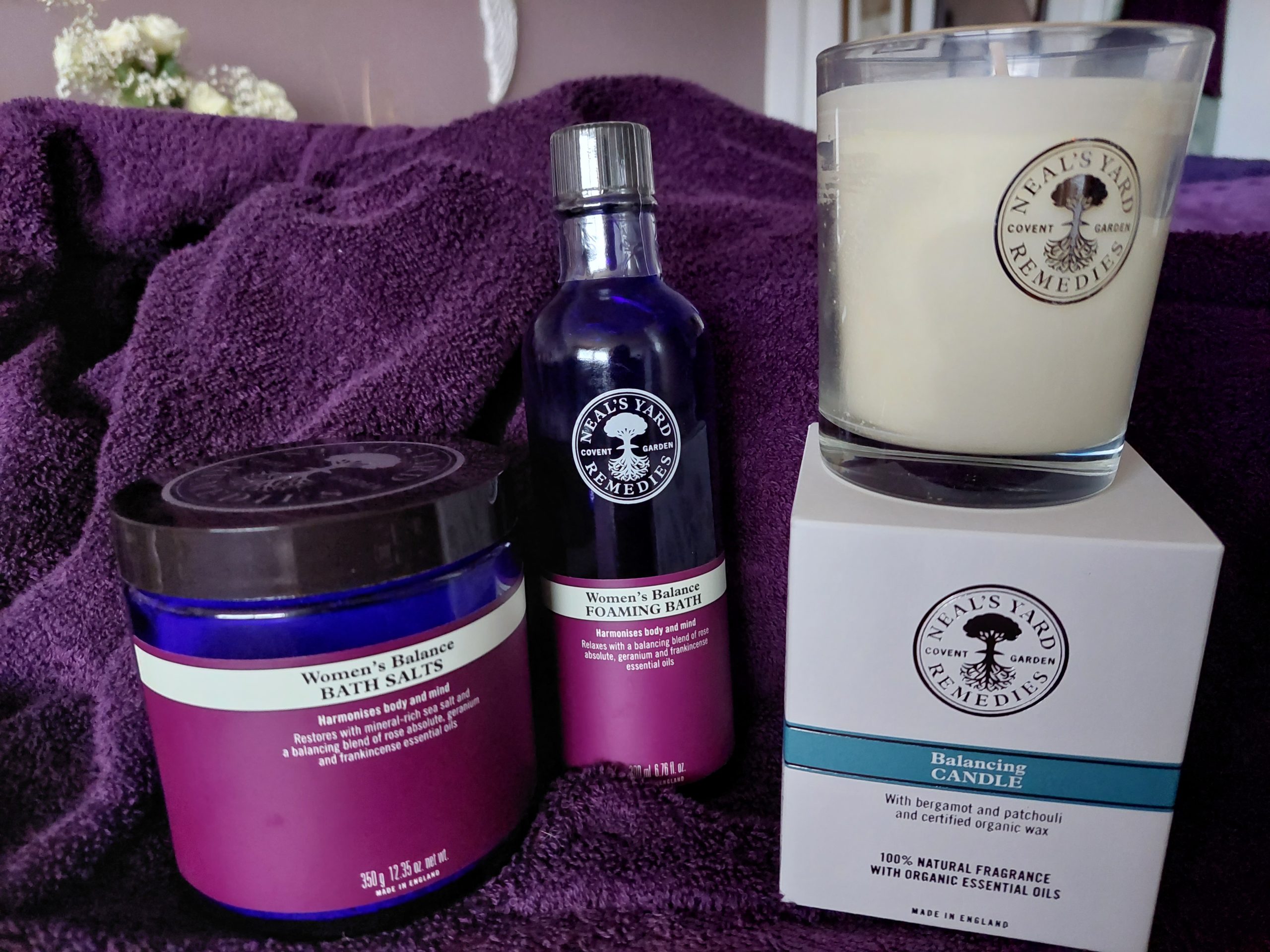 This is a picture of Neal's Yard products used regularly by Libra Light Holistic Therapies in Falkirk. Clients love Neal's Yard products.