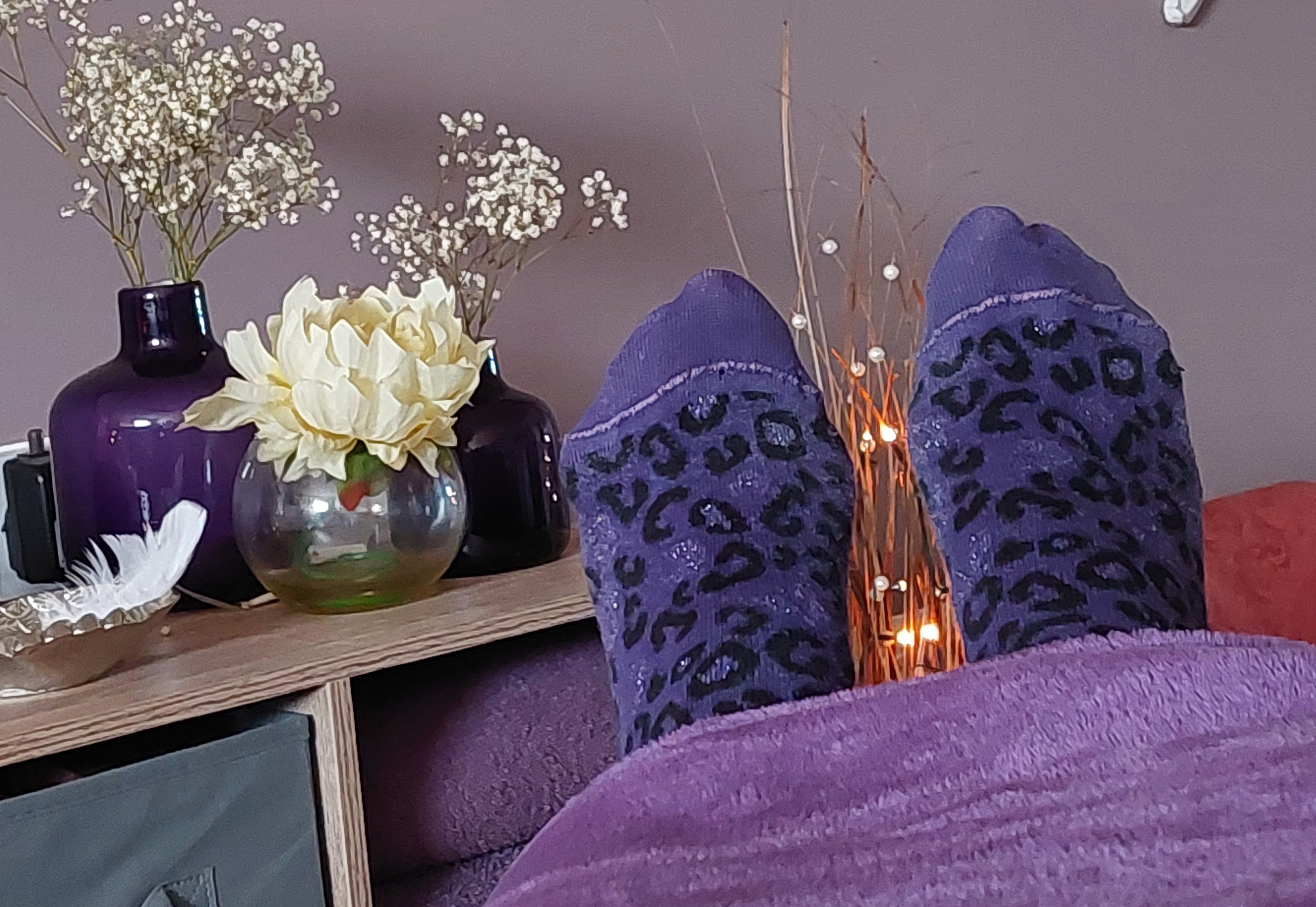 This is a picture of a client's purple tiger feet at Libra Light Massage Therapies in Central Scotland