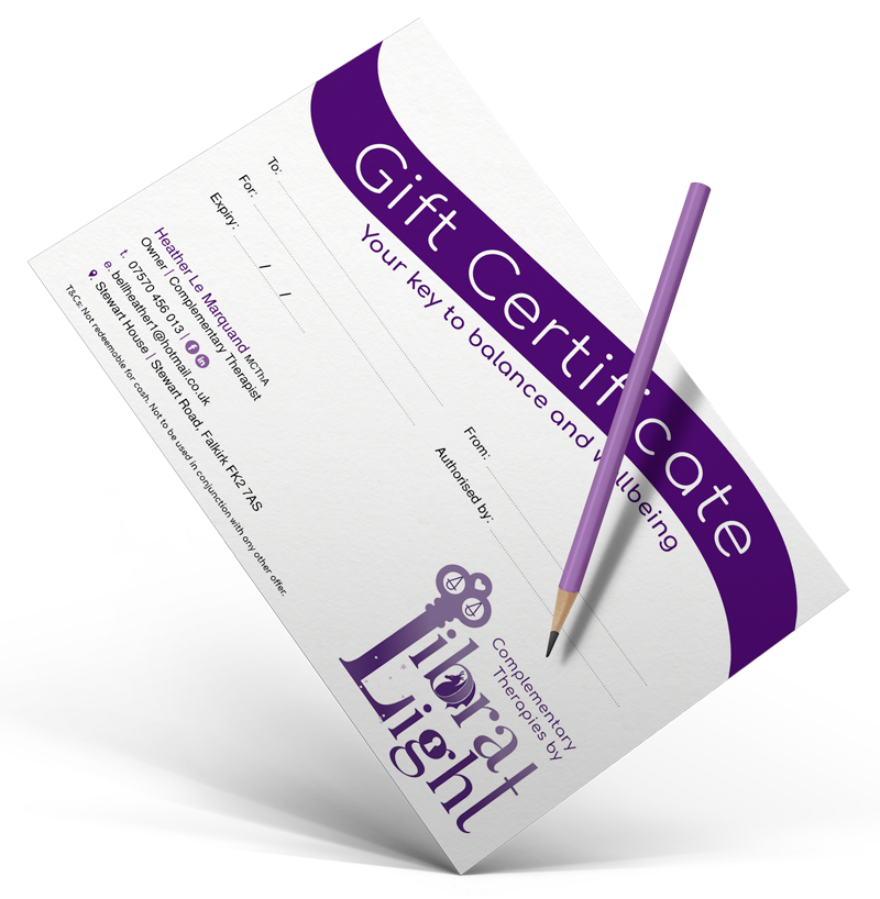 This is a picture of a gift voucher for a holistic therapy treatment at Libra Light in Falkirk